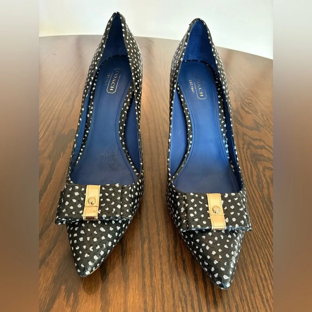 Coach Landrie Snakeskin Leather Black Polka Dot Heels Size 9 - Picture 2 of 6
